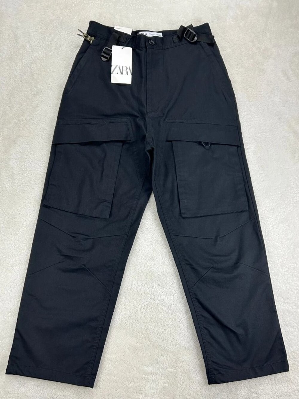 NWT Zara Cargo Pants Womens 29 Black Belted Waistbandā Flap Pocket High Rise